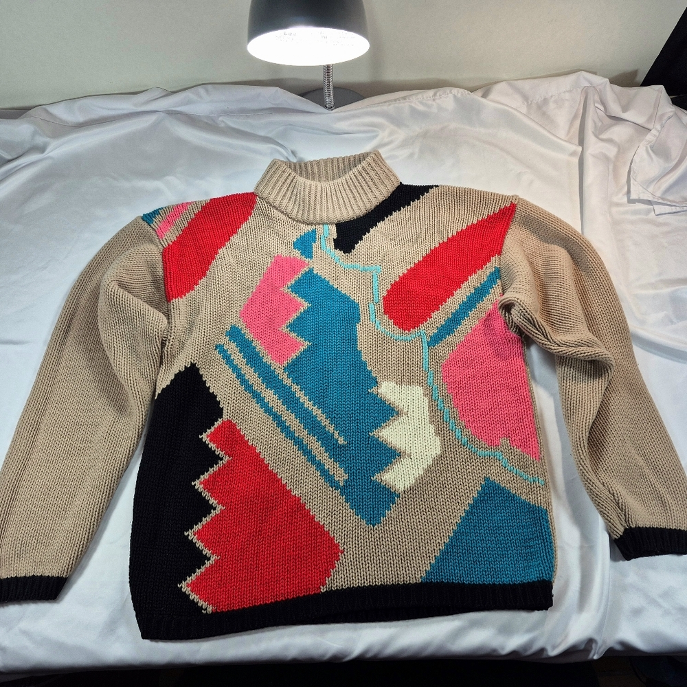 Vintage 80s 90s Adam French Chunky Knit Sweater Geometric Abstract Mock Neck Med - Picture 5 of 9